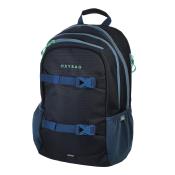 Schwarzer Rucksack mit blauen Akzenten. Zwei große Fächer und seitliche Netztaschen.