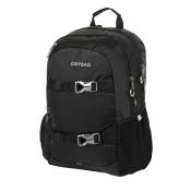 schwarzer Rucksack mit mehreren Fächern. Zwei Schnallen vorne, gepolsterte Träger, seitliche Netztaschen.