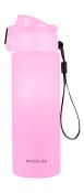 Pinkfarbene Wasserflasche mit einem Deckel und einem Trageband. Die Oberfläche ist matt und schlicht.