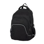 Schwarzer Rucksack mit mehreren Fächern und Reißverschlüssen. Logo OXYBAG auf der Vorderseite.