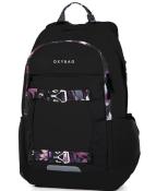 Schwarzer Rucksack mit floralem Muster an den Trägern. Logo OXYBAG auf der Vorderseite.