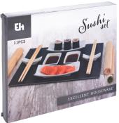 Sushi-Set mit 11 Teilen. Enthält Sushi, Sojasauce und Essstäbchen.