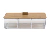 Transparente Aufbewahrungsbox mit Holzdeckel. Drei Fächer für verschiedene Inhalte.