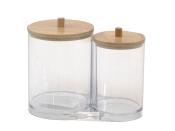 Zwei transparente Aufbewahrungsgläser mit Holzdeckeln. Größeres Glas links, kleineres Glas rechts. Runde Form.