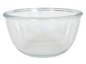 Durchsichtige Glasschüssel mit breitem Rand. Rund und ohne Muster.
