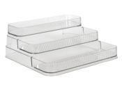Transparente Ablage mit drei gestuften Fächern. Ideal für die Organisation von Dokumenten oder Büromaterial.