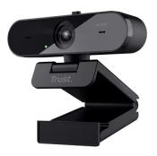 Webcam in Schwarz mit einem kompakten Design. Sie hat eine integrierte Halterung für Monitore.