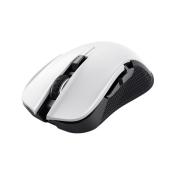 weiße Gaming-Maus mit zwei Haupttasten und einem Scrollrad. Ergonomisches Design, seitliche Gummibeschichtung für besseren Halt.