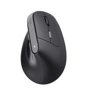 schwarze ergonomische Computermaus mit seitlichem Scrollrad. Eine grüne LED leuchtet an der Unterseite.