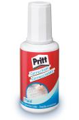 weißer Flakon mit rotem Etikett. Aufschrift 'Pritt Correction'. Flüssigkeit zur Korrektur von Schreibfehlern. Rundes, breites Ende.