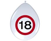 weißer Ballon in Tropfenform. Aufgedruckt die Zahl 18 in schwarzer Schrift, umrandet von einem roten Kreis.