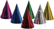 Sechs bunte Partyhüte in Form von Kegeln. Farben: lila, blau, grün, rot, silber und gold.