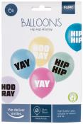 Sechs bunte Luftballons mit den Aufschriften 'Hip Hip', 'Hooray' und 'Yay'. Die Ballons sind aus hochwertigem Latex und haben eine matte Oberfläche.