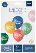 Sechs Luftballons in verschiedenen Farben mit dem Aufdruck 'Welcome Back'. Hochwertiger Latex, geeignet für Helium und Luft.