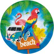 Bunte Strandmotivation mit einem Papagei und einem Flamingo. Ein VW-Bus mit Surfbrett und einem Schild mit der Aufschrift 'beach'.
