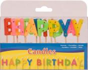 Bunte Kerzen in Form von Buchstaben. Sie bilden den Schriftzug 'HAPPY BIRTHDAY'.