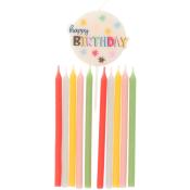Bunte Geburtstagskerzen in verschiedenen Farben. Eine Kerze mit dem Schriftzug 'happy BIRTHDAY' ist dabei.