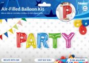 Luftgefülltes Ballonset mit dem Wort 'PARTY' in bunten Farben. Fünf Folienballons, einfach mit Luft zu befüllen.