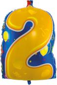 Luftballon in Form der Zahl zwei. Gelb mit bunten Mustern und Konfetti.