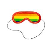 Sonnenbrille mit buntem Regenbogenmuster. Der Rahmen ist rot und die Gläser sind in verschiedenen Farben.