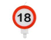 Kerze in Form eines Verkehrsschildes. Rot-weißer Kreis mit der Zahl 18 in schwarz. Oben ein Docht.