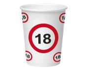 Weißer Pappbecher mit roten 18er Symbolen. Einfaches Design, geeignet für Partys.
