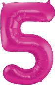 große, pinke Folienzahl '5'. Glänzende Oberfläche, luftgefüllt, keine weiteren Verzierungen.