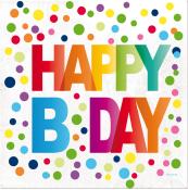 Bunte Geburtstagskarte mit dem Text 'HAPPY B DAY'. Umgeben von vielen bunten Punkten.