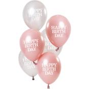Sechs Luftballons in rosa und silber. Alle mit dem Aufdruck 'HAPPY BIRTHDAY'.