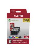 Canon PIXMA Tintenpatronen-Set. Enthält vier Patronen: Cyan, Magenta, Gelb, Schwarz. Verpackung rot mit grünem Recycling-Symbol. Bonus: Fotopapier.
