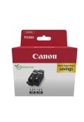 Schwarze Druckerpatronen im Paket. Verpackung mit Canon-Logo und Hinweis auf Recycling.
