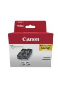 Packung mit zwei Farbpatronen für Canon Drucker. Verpackung in Rot mit dem Hinweis auf Recycling.