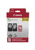 Druckerpatronen-Set von Canon mit schwarzer und farbiger Patrone. Enthält auch Fotopapier für Drucke.