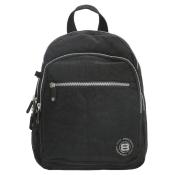 Schwarzer Rucksack mit einem Hauptfach und einer vorderen Reißverschlusstasche. Der Stoff wirkt robust und strapazierfähig.