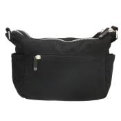Schwarze Umhängetasche mit Reißverschluss. Eine vordere Tasche mit zusätzlichem Reißverschluss.