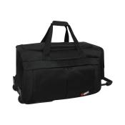 Schwarze Reisetasche mit Rollen und zwei Tragegriffen. Sie hat eine große Öffnung und zwei vordere Fächer.