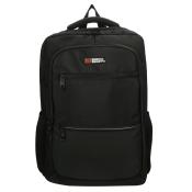 schwarzer Rucksack mit mehreren Fächern. Gepolsterte Rückseite und Tragegriff oben. Logo von Enrico Benetti auf der Vorderseite.