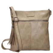 Beige Handtasche aus Leder mit einem langen Schulterriemen. Eine vordere Reißverschlusstasche und eine Quaste sind vorhanden.