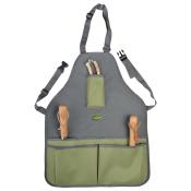 Garten-Schürze in Grau und Grün. Mit mehreren Taschen. Enthält zwei Gartenwerkzeuge mit Holzgriffen.