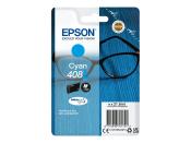 Packung mit Cyan Tinte, Modell 408L. Abbildung einer Brille im Hintergrund. Hinweis auf DuraBrite Ultra Ink. Inhalt: 21,6 ml.