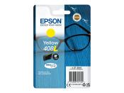Gelbe Tintenpatrone von Epson, Modell 408L. Für Workforce Pro Drucker. Verpackung zeigt schwarze Brille auf blauem Hintergrund.
