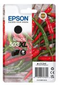 Schwarze Tintenpatrone von Epson, Modell 503XL. Verpackung mit roten und grünen Chilischoten.