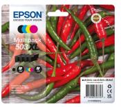 Multipack mit vier Tintenpatronen in verschiedenen Farben. Verpackung zeigt rote und grüne Chilischoten.