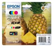 Multipack von Epson Tintenpatronen in den Farben Schwarz, Cyan, Magenta und Gelb. Verpackung zeigt eine Ananas im Hintergrund.