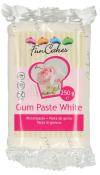 Verpackung von weißer Blütenpaste. Aufdruck mit rosa und bunten Cupcakes.