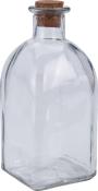 Durchsichtige Glasflasche mit Korkverschluss. Die Form ist leicht bauchig und hat eine gerade Basis.