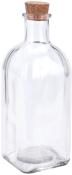 Klare Glasflasche mit Korkverschluss. Die Flasche hat eine bauchige Form.