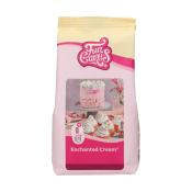 Verpackung für Enchanted Cream von FunCakes. Rosa und gelbe Farben. Abgebildeter Kuchen mit Sahne und Dekoration. Cupcakes mit Sahne auf dem Tisch.