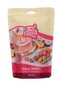 Verpackung mit pinken Deco Melts. Für Dekoration von Kuchen und Süßigkeiten. Aufdruck mit bunten Leckereien und einem Kuchen.