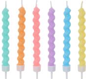 Sechs spiralförmige Kerzen in verschiedenen Farben. Farben sind mintgrün, orange, pink, lila, blau und gelb.